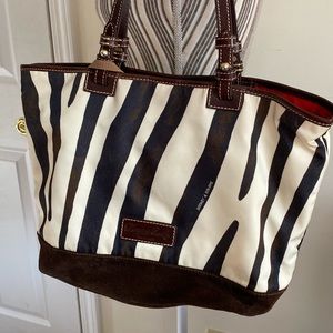 Dooney & Bourke Black and Cream Zebra Stripe Canvas Tote with Brown Trim